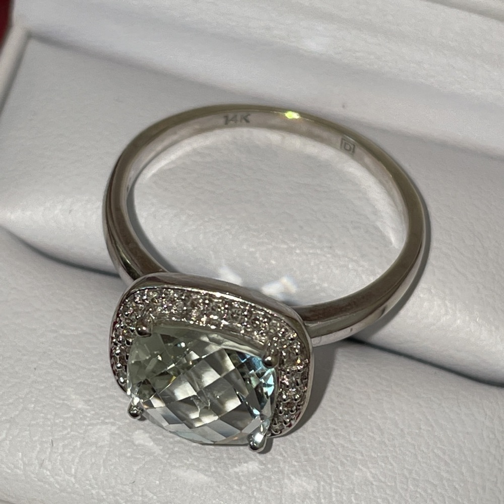 Dazzling White Gold Pale Green Prasiolite And Diamond Halo Ring - Picture 15 of 16